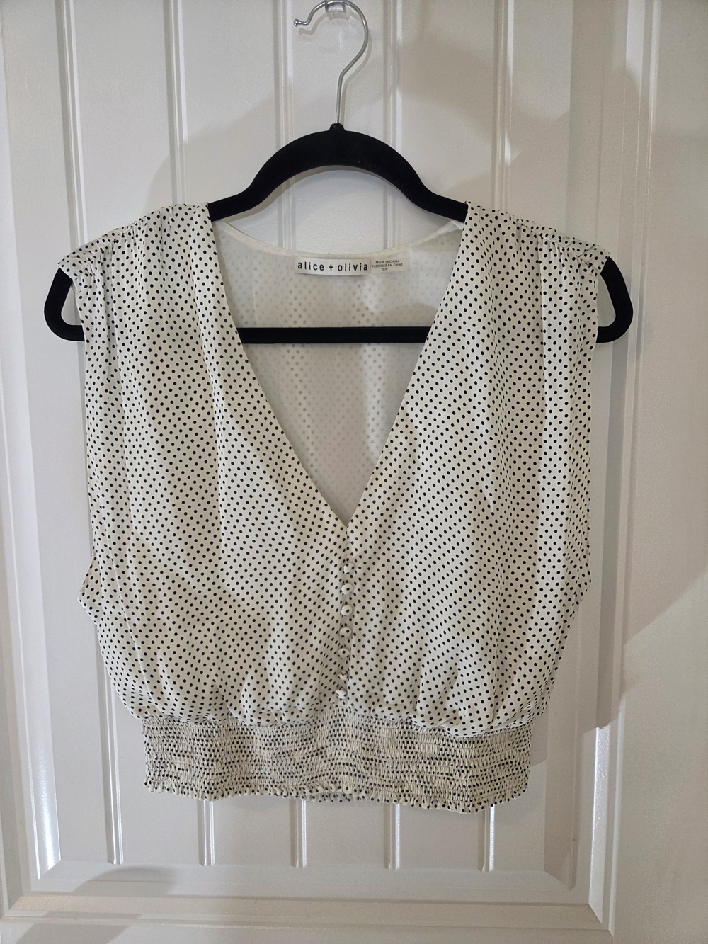 Alice + Olivia Loretta Polka Dot Smocked Waist Crop Top Size S - Picture 3 of 11